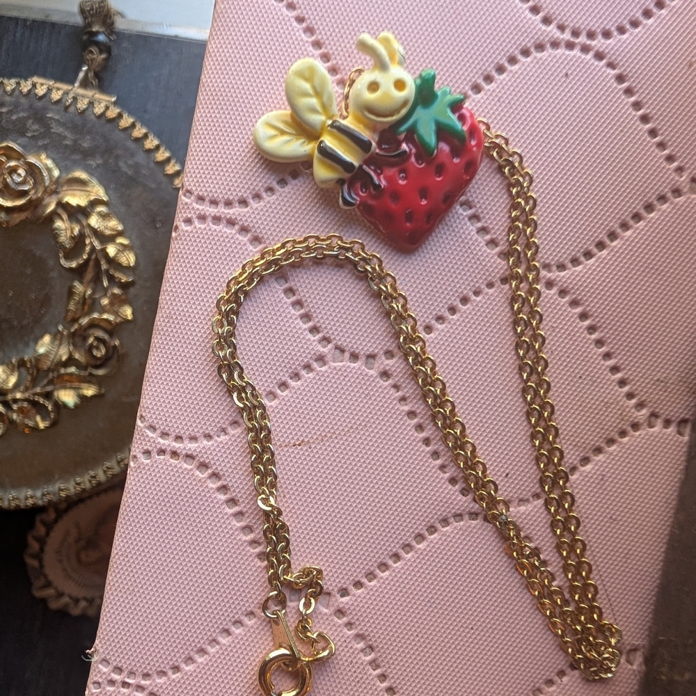 Vintage Strawberry and Bee Kids On Gold Chain Necklace